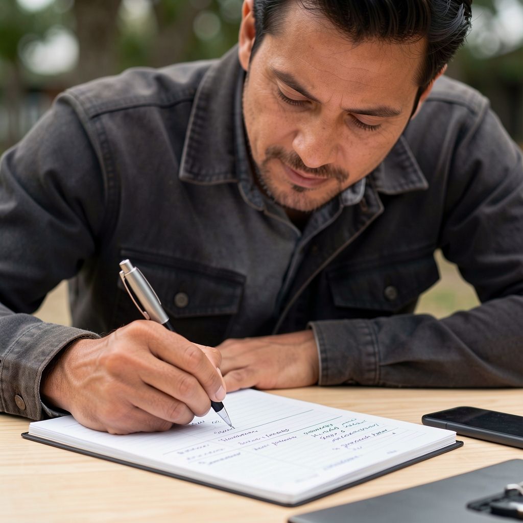 Close-up of a coach writing training notes in a structured session log on a light wooden table, pen in hand, detail documentary photograph