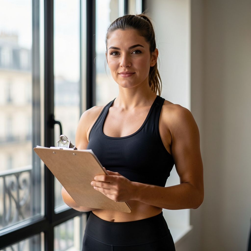 Female personal trainer in athletic wear standing by a large studio window with natural light, holding a training log clipboard, documentary style photograph Paris