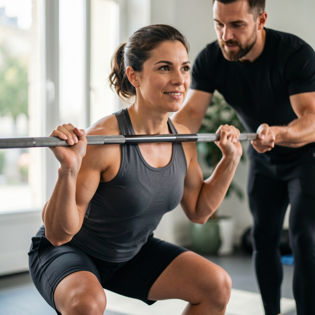 Personal trainer leading a one-to-one strength session in a bright Paris studio, athlete performing a squat with barbell under coach supervision