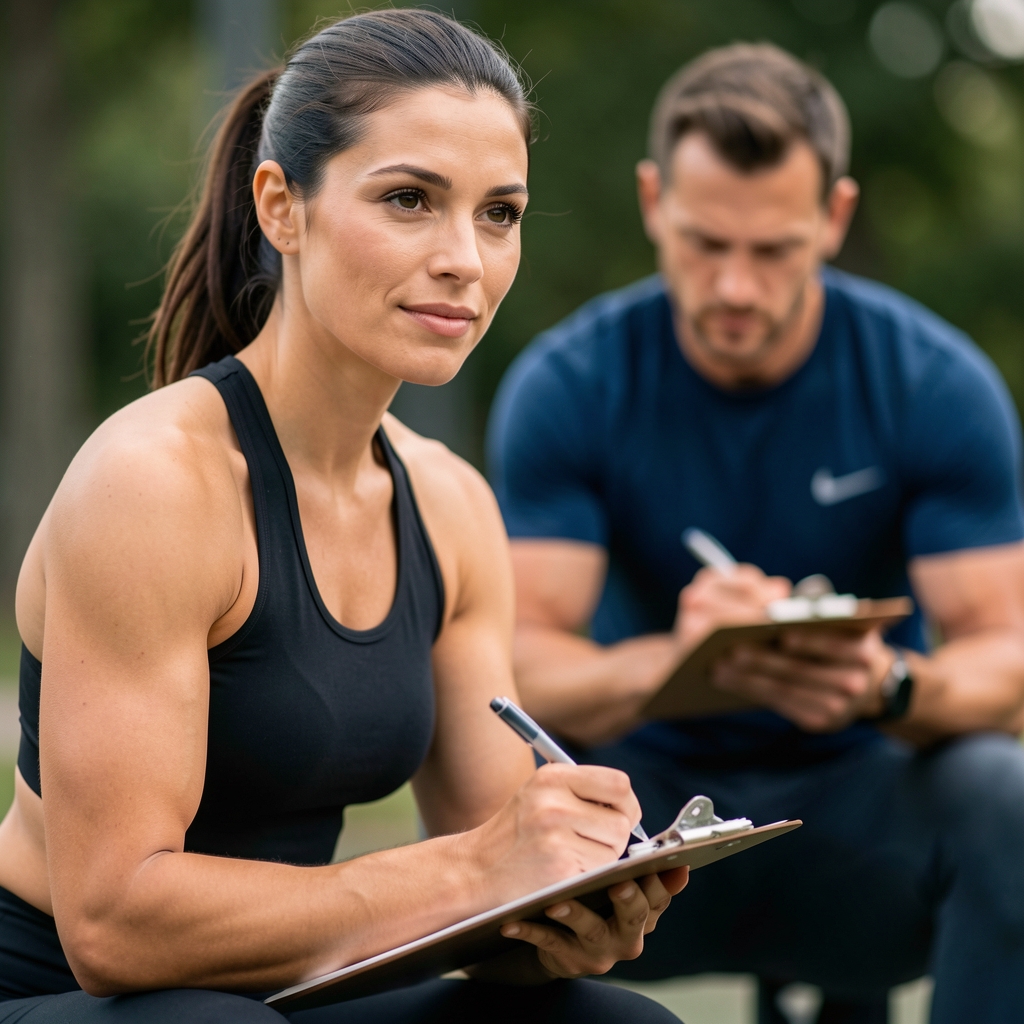 Personal trainer observing a client performing a deep bodyweight squat movement screen, coach taking notes on a clipboard, controlled studio lighting, no equipment