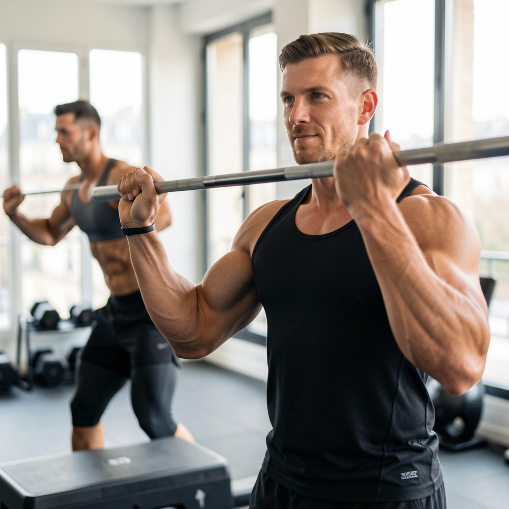 Personal trainer actively coaching a client on the clean and press technique in a bright Paris training studio, both in athletic gear, weight platform visible