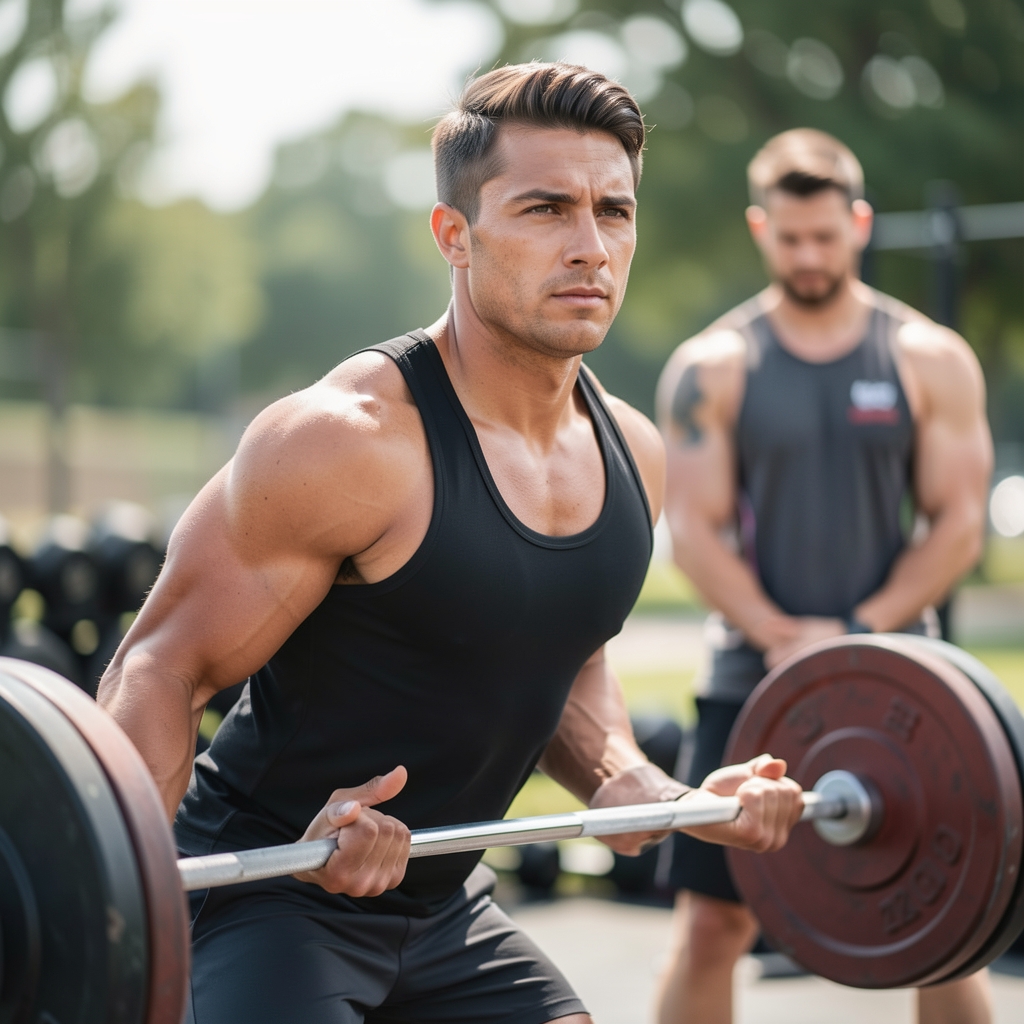 Athlete performing deadlift with correct form under bright studio lighting, personal trainer observing posture from the side