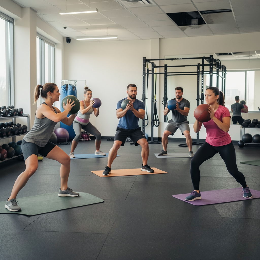 Small group fitness class with five participants performing weighted ball circuits in a well-equipped group training room