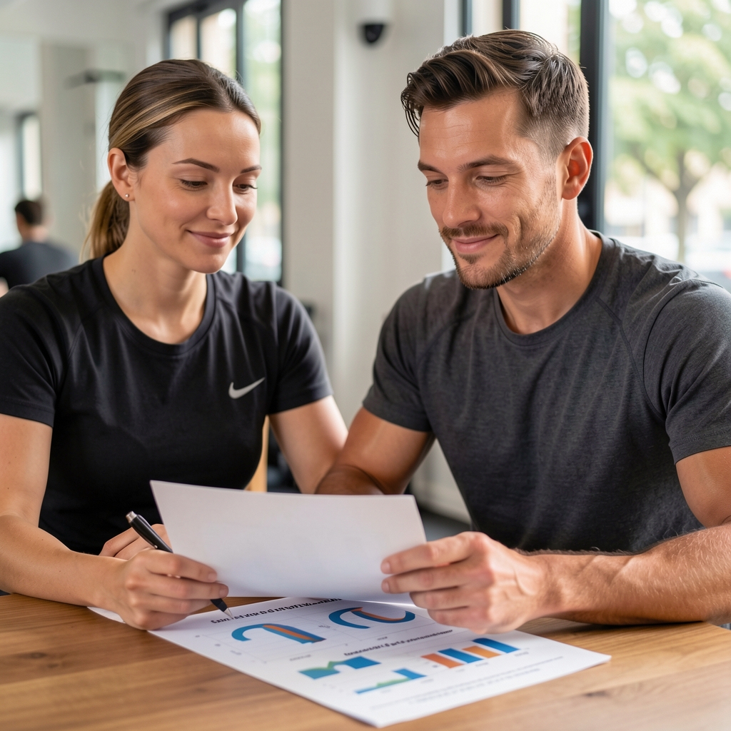 Personal trainer and client seated at table reviewing six-week progress report with charts showing strength improvements, Paris coaching studio