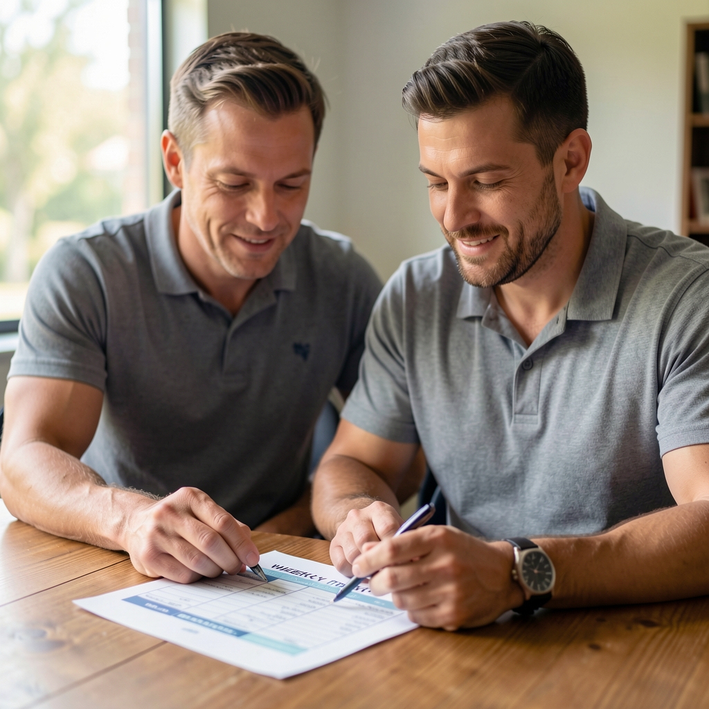 A coach and client reviewing a printed weekly training and meal structure schedule at a wooden table, post-session, natural window light, documentary photograph