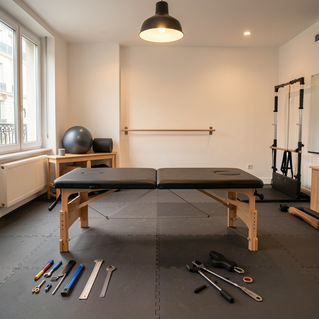 Assessment room in a Paris personal training studio with a foam padded floor, assessment table, measurement tools laid out neatly, warm studio lighting overhead